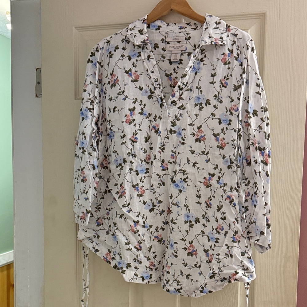 Laura Ashley White Floral V-Neck Button Front Blouse with Pink & Blue Blooms